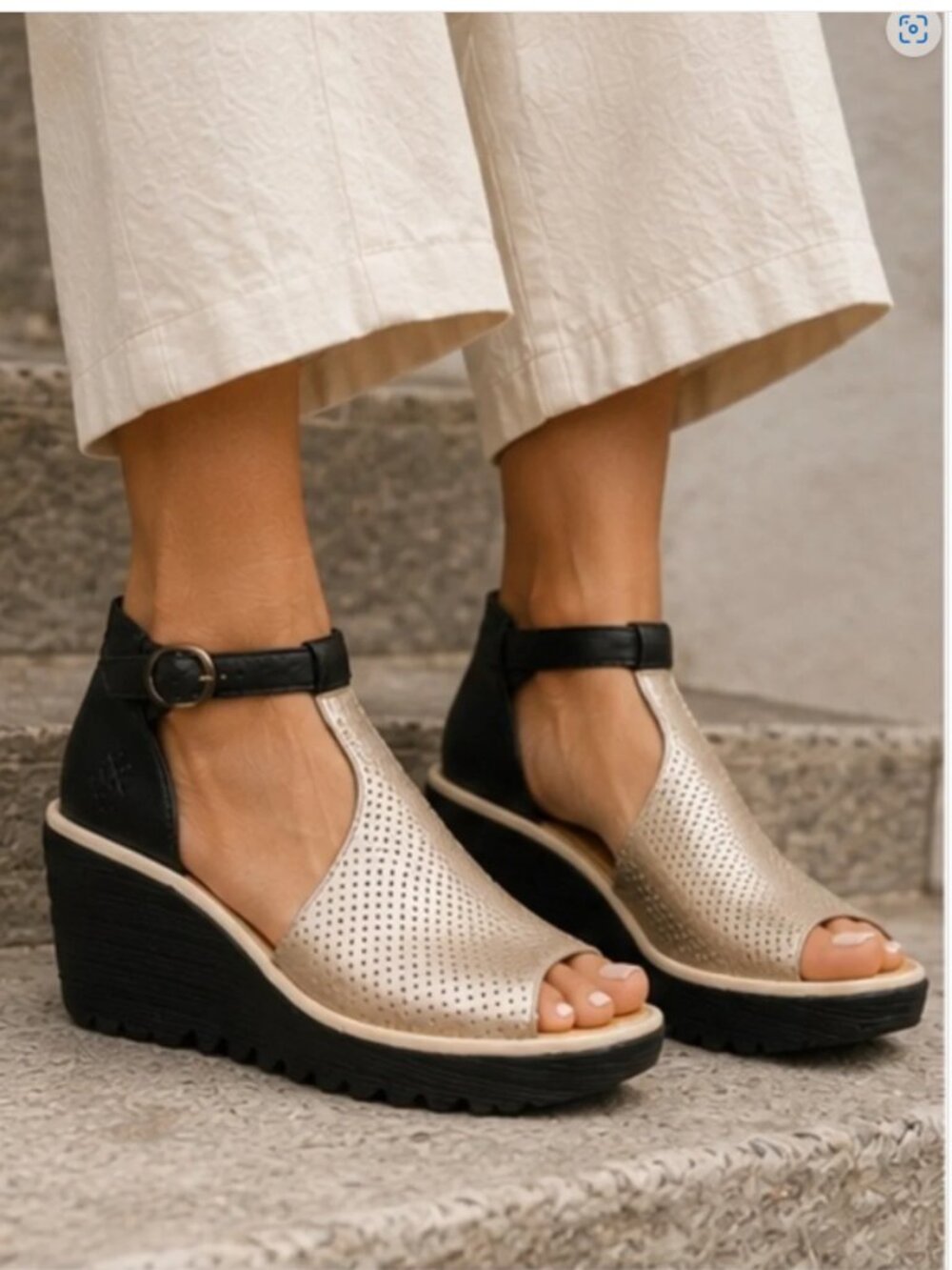 Fly London YALL962FLY Perforated Leather Wedge Sandals Champagne Black EU‎ 39